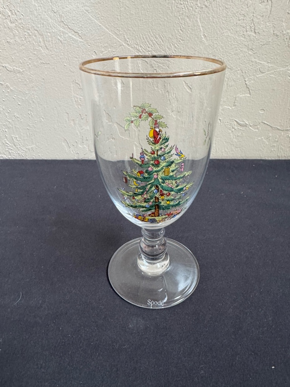 Spode Christmas Tree Glass Goblet Gold Rim Decorated 6.5" Holiday
